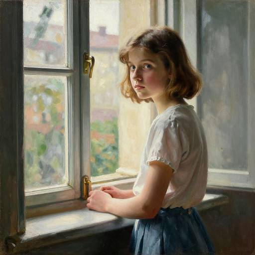 Photorealistic painting of a young girl with light brown hair, wearing a white blouse and blue skirt, gazing out a sunlit window.
