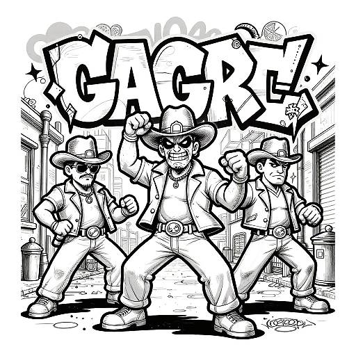 Black-and-white comic-style drawing of three muscular, tough-looking cowboys in wide-brimmed hats and western attire, standing in a dramatic pose with