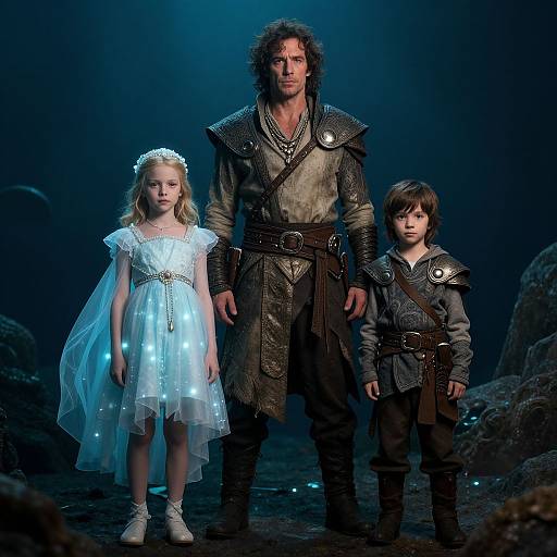 Photograph of a rugged, curly-haired man in medieval armor, holding hands with a young girl in a glowing white dress and a boy in dark,