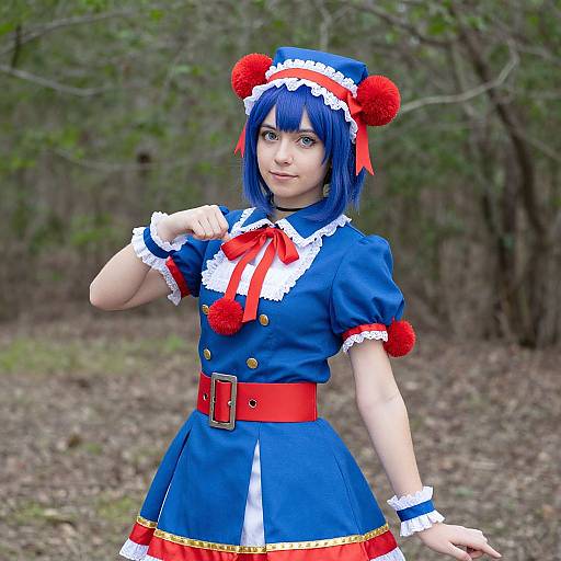 Photograph of a young woman with blue hair, wearing a blue and white cosplay outfit with red accents, red pom-poms, and a belt,