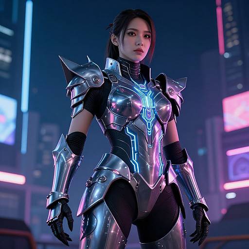 CGI image of an Asian woman in futuristic, neon-lit, silver armored suit standing in a glowing, cyberpunk cityscape at night.