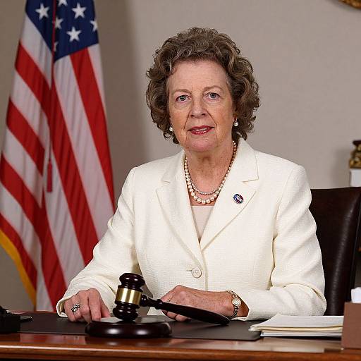 Photograph of an older white woman with short curly brown hair, wearing a white blazer and pearl necklace, seated at a desk, holding a g