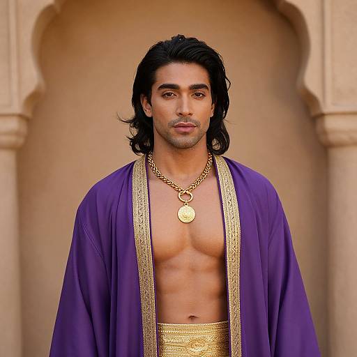 Photorealistic digital art of a handsome, muscular man with dark hair, wearing a purple robe with gold trim, gold necklace, and gold waistband