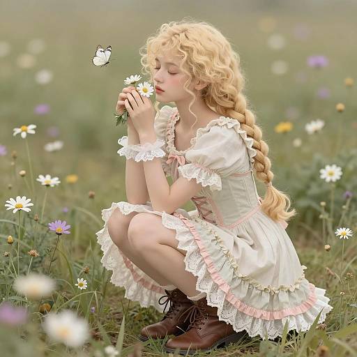 Young Girl in Vintage Dress with Flowers and Butterfly
