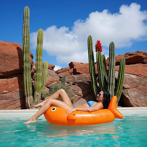 Photograph of a woman with dark hair in a blue bikini, lounging on an orange inflatable fish in a desert pool, surrounded by tall cact