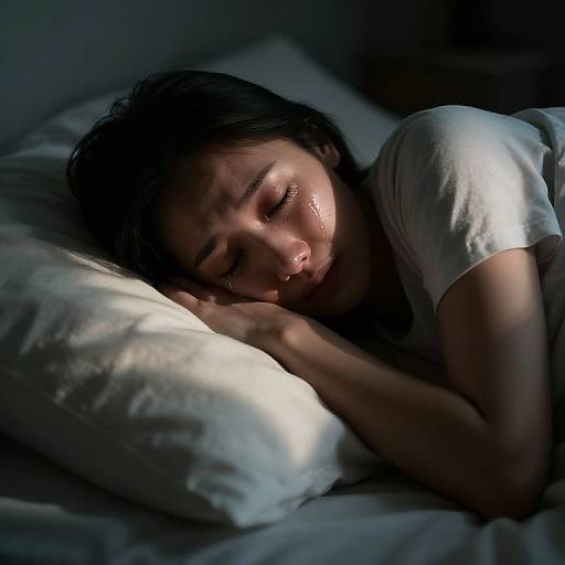 Photograph of a young woman with short dark hair, sleeping on a white pillow, bathed in dim light, wearing a white t-shirt, her