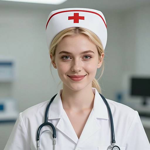 Photograph of a young, blonde, fair-skinned female nurse with blue eyes, wearing a white uniform, red cross nurse hat, and steth