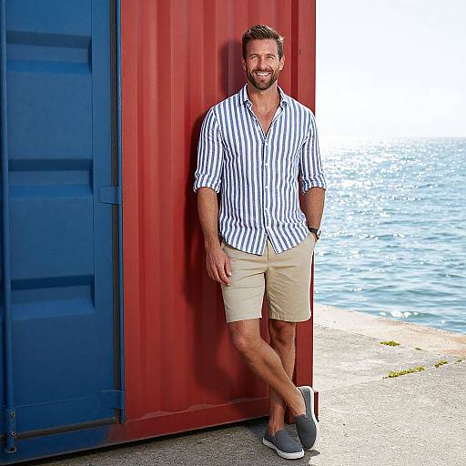 Man standing by shipping containers near the sea