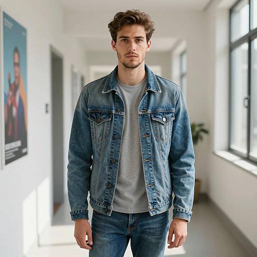 Young Man in Denim Jacket Standing in Hallway