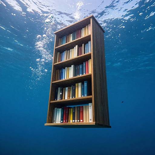 Photograph of a tall, wooden bookshelf floating underwater, filled with colorful books, surrounded by blue, sunlit ocean water.
