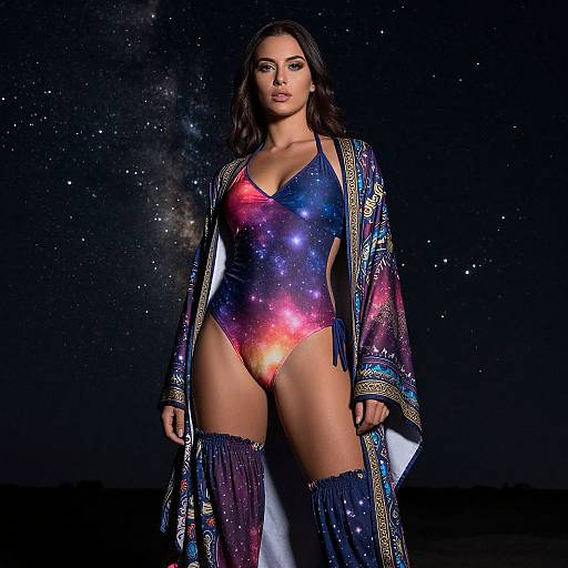 Photograph of a brunette woman in a galaxy-patterned one-piece swimsuit, sheer star-adorned robe, and blue leg warmers, standing