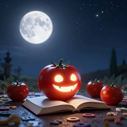 Photorealistic image of a glowing red tomato with a carved jack-o'-lantern face on an open book, under a bright full moon in a