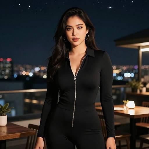 Photograph of an attractive young woman with long dark hair, wearing a black zip-up jumpsuit, standing on a rooftop at night, city lights in