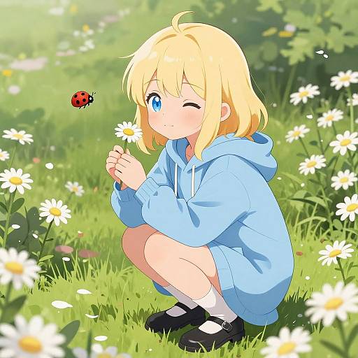 Cute Blonde Anime Girl in Garden