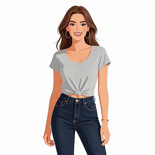 Digital illustration of a smiling woman with long brown hair, wearing a gray tied t-shirt, dark blue jeans, hoop earrings, and a gold bracelet,