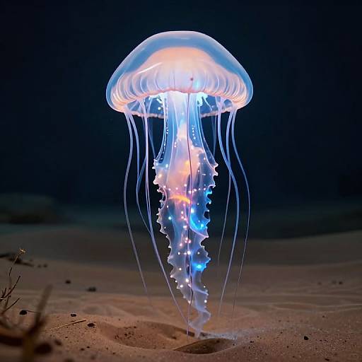 Photograph of a glowing jellyfish with blue and pink hues, illuminated belly, and translucent tentacles floating above a dark, sandy ocean floor.