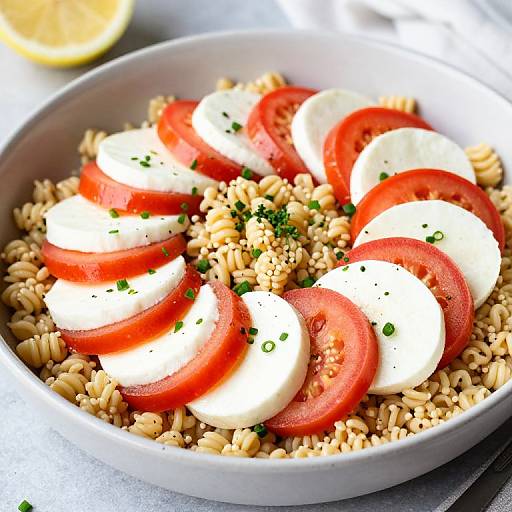 Photograph of a white bowl filled with quinoa, topped with sliced red tomatoes, white mozzarella balls, and sprinkled with green herbs.