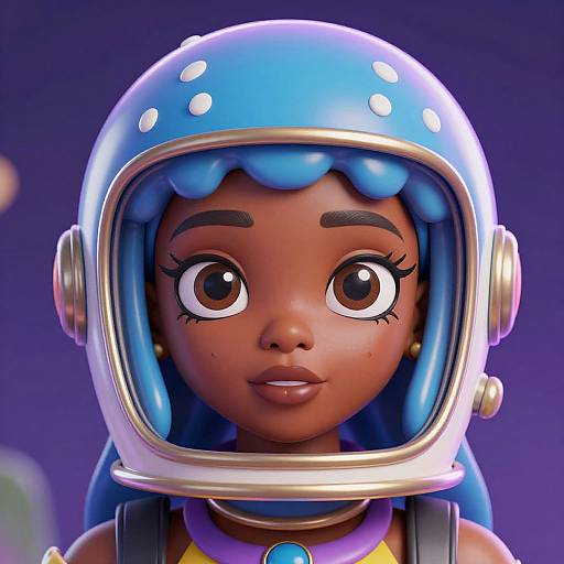 CGI image of a cute, dark-skinned, large-eyed girl with blue hair, wearing a shiny blue astronaut helmet, set against a purple background