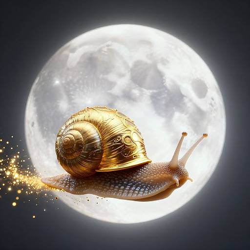 Digital artwork of a golden snail with intricate shell patterns, crawling on a bright, glowing full moon, surrounded by sparkling gold dust.