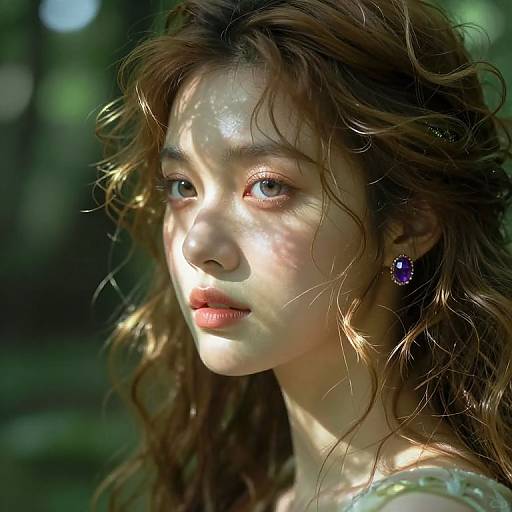 Photograph of a young woman with wavy brown hair, light skin, blue eyes, wearing purple earrings, illuminated by sunlight, against a blurred forest