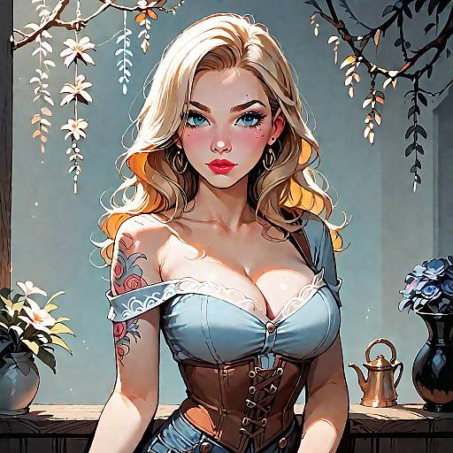Blonde Woman in Denim Corset with Tattoos