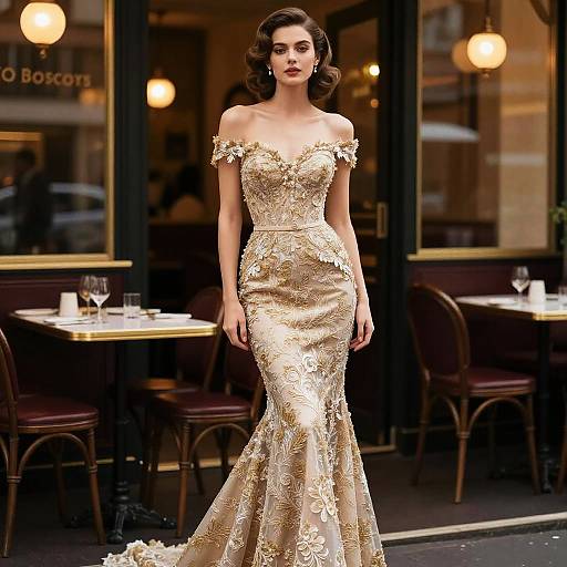Photograph of a brunette woman with wavy hair in an off-the-shoulder, gold, floral-embellished, form-fitting evening
