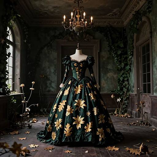 Gothic-style mannequin in dark green gown with gold flower embroidery, displayed in dimly lit, vine-covered, abandoned room with chandelier