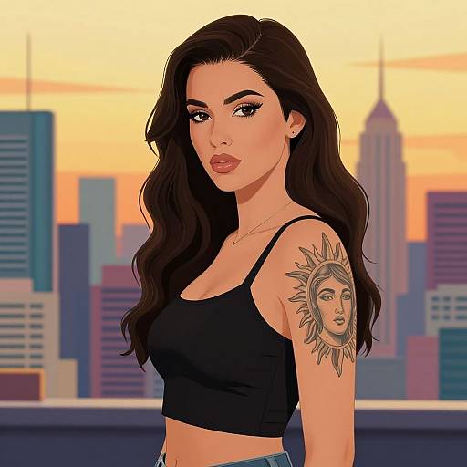 Digital artwork of a woman with long black hair, red lipstick, black crop top, sun tattoo on arm, city skyline background.