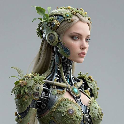 Cyber-fantasy portrait of a blonde woman with green mechanical armor adorned with leaves, gears, and gemstones, featuring a glowing turquoise pendant.