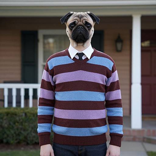 Photograph of a pug wearing a striped brown and blue sweater with a white shirt and black tie, standing in front of a suburban house.