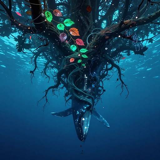 Photograph of a bioluminescent whale entangled in a glowing, leaf-adorned, underwater tree with vibrant green, red, and blue