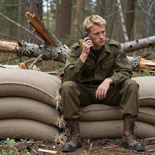 Blonde Soldier in Forest with Radio