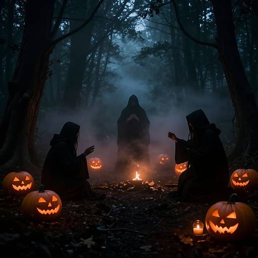 Photograph of three eerie, hooded silhouettes with glowing jack-o'-lanterns surrounding a central fire in a dark, misty forest