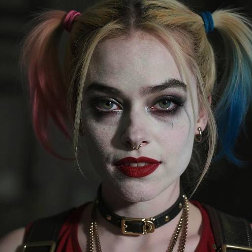 Photograph of a pale-skinned woman with colorful pigtails, heavy black eye makeup, red lipstick, nose ring, black choker, and