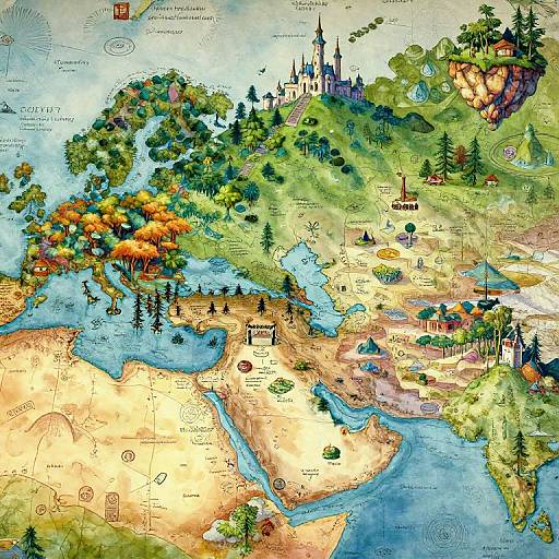 Detailed, colorful fantasy map illustration featuring lush forests, vibrant autumn trees, blue rivers, castles, and villages, with whimsical details and labels.