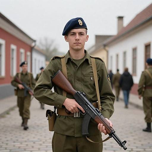 Serious Soldier in Cobblestone Street