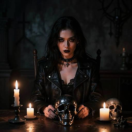 Dark gothic woman with black lipstick, leather jacket, and choker, holding skull between candles, skull and skull fragment on table.