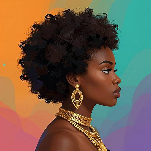 Photograph of a dark-skinned, curly-haired woman in profile, adorned with gold earrings and necklace, against a vibrant, gradient orange-to-blue background