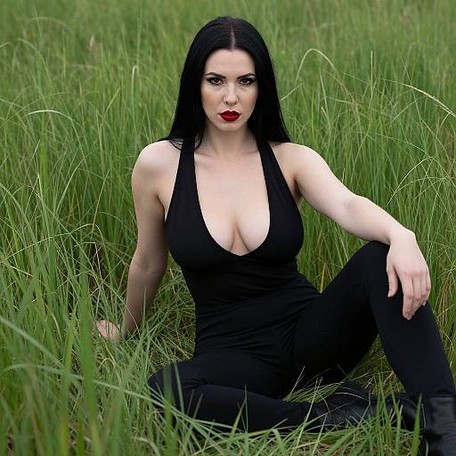 Photograph of a pale-skinned woman with long black hair, red lipstick, and black deep V-neck top, sitting in tall green grass, legs