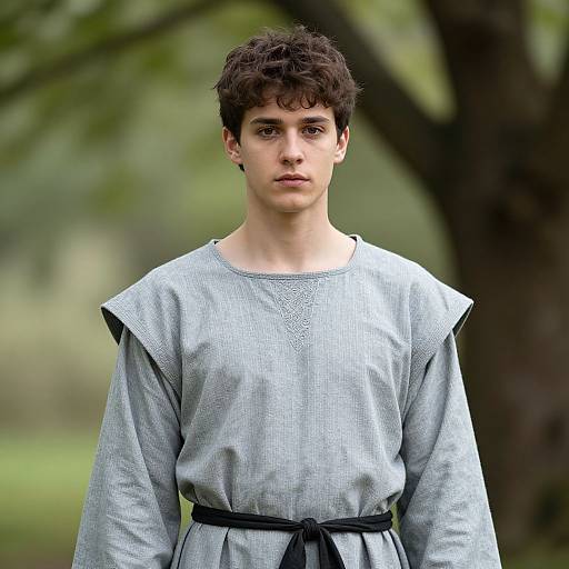 Photograph of a young, fair-skinned boy with dark curly hair, wearing a light gray, medieval-style tunic with black trim, standing in