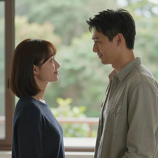 Couple Standing Indoors Looking at Each Other