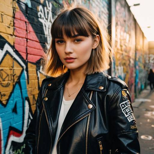 Fashion Model with Side Swept Bangs in Leather Jacket