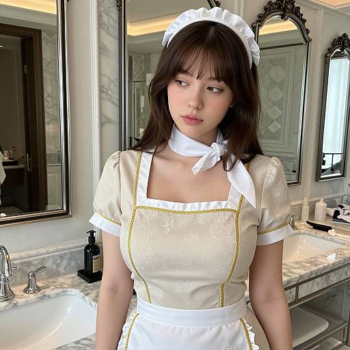 Photograph of a young woman with fair skin, brown hair, and blue eyes, wearing a white French maid outfit with gold trim, standing in a