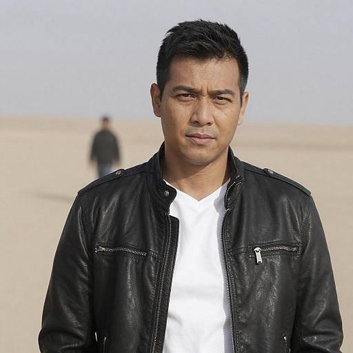 Man in Leather Jacket on Sandy Landscape