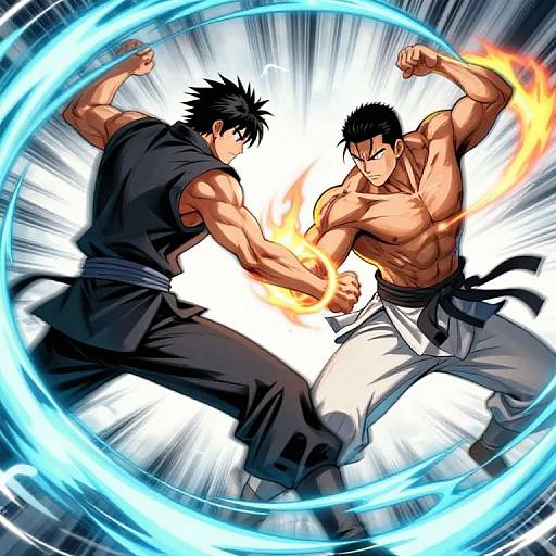 Dynamic anime-style illustration of two muscular, black-haired male fighters, one in a black sleeveless top and pants, the other shirtless with white pants