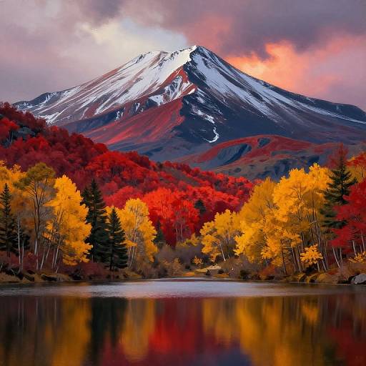 Photograph of a snow-capped mountain with vibrant red and yellow autumn trees reflected in a calm lake under a dramatic, cloudy sky.