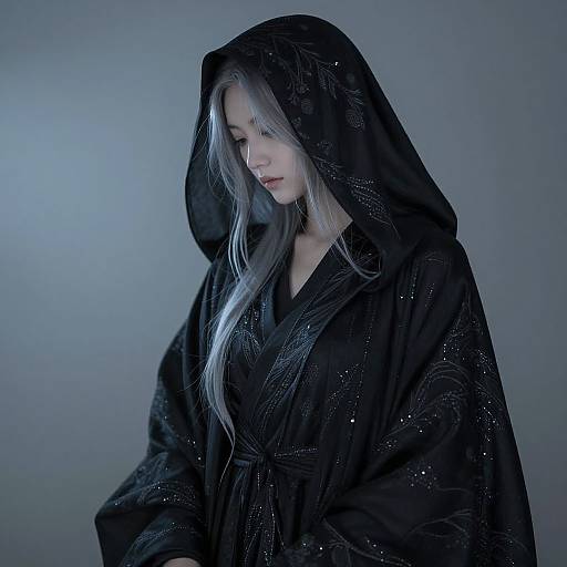 Photograph of a pale-skinned woman with long silver hair, wearing a black, hooded robe adorned with subtle sparkles, looking down against a