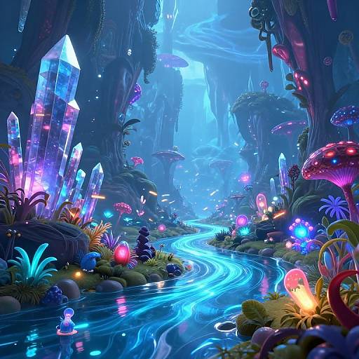 Digital fantasy artwork of a glowing, bioluminescent cave with a winding blue river, colorful mushrooms, crystals, and vibrant flora under a luminous