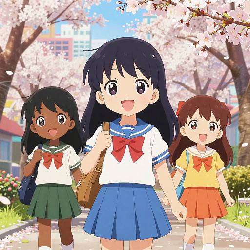 Cute Black Anime Girls in Cherry Blossom Park