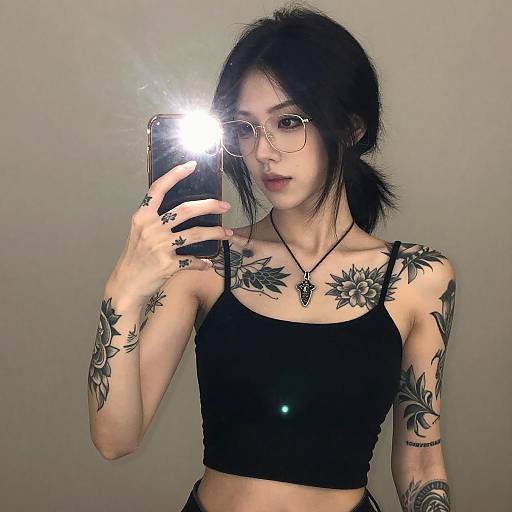 Tattooed Woman Taking Mirror Selfie